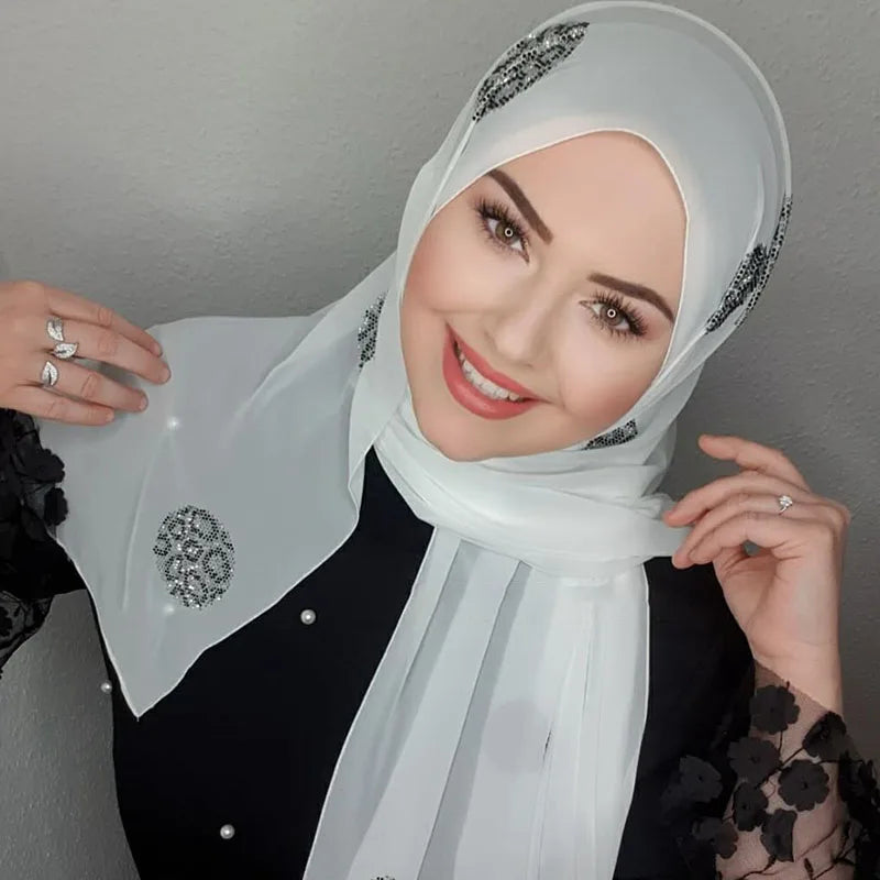 Turban instant musulman Strass Blanc Mousseline Hijab Abaya Hijabs pour femme Abayas Jersey Écharpe de tête scintillante Robe Femmes Turbans
