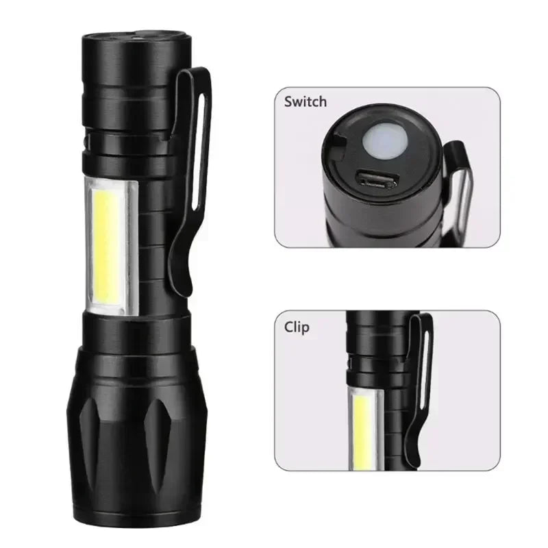 Tragbare Mini-LED-Taschenlampe Leistungsstarke 3*Docht Kleine Taschenlampe USB Wiederaufladbare Starke Lichtlaterne Superhelle Kappenclip-Lampe