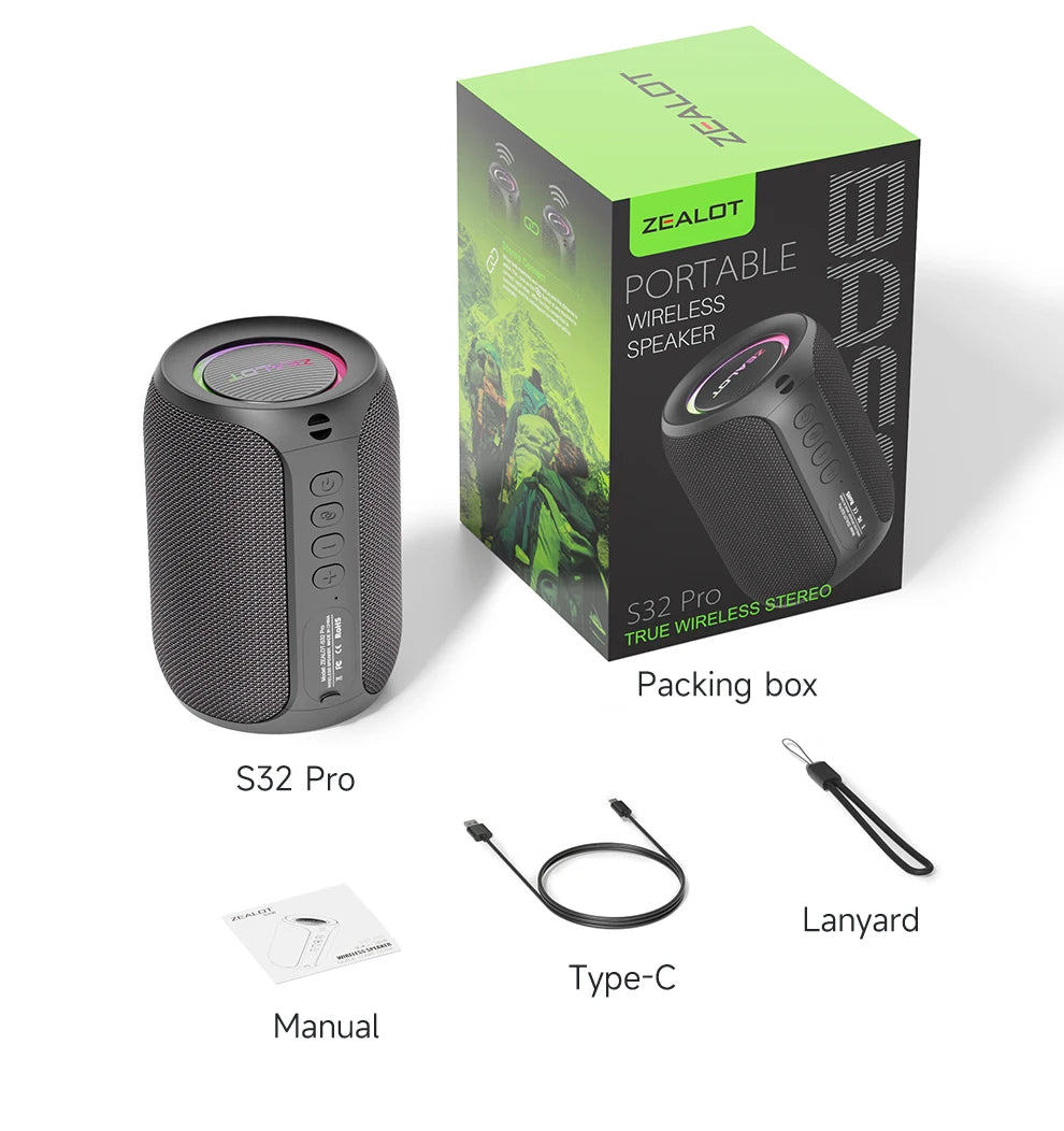 ZEALOT-S32PRO Leistungsstarker Bluetooth-Lautsprecher, kabelloser Bass, LED-Licht, Outdoor-Lautsprecher, Subwoofer, wasserdichte Soundbox-Unterstützung