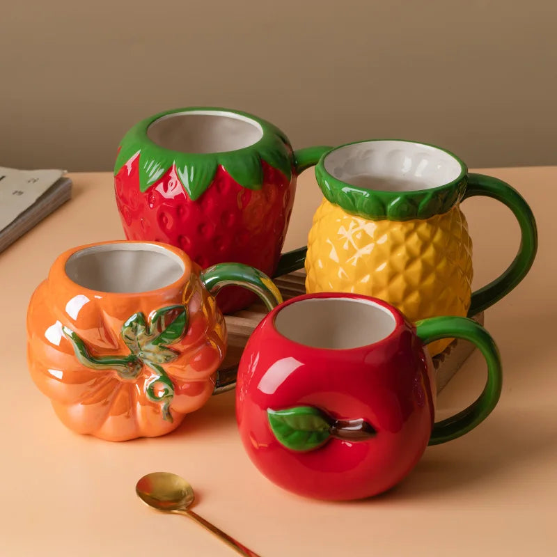 Dreidimensionale Frucht-Porzellan-Kaffeetasse Große Kapazität Apfel-Erdbeer-Tasse Zuhause Nachmittagstee Dessert Tee Tasse Paar Tasse
