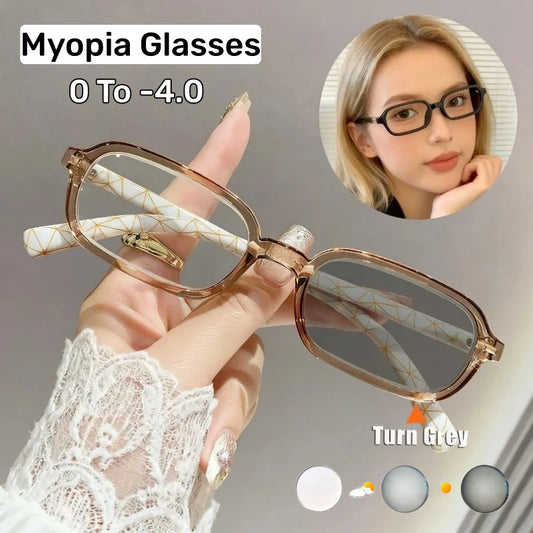 Photochromic Myopia Glasses Stylish HD Small-Frame Printed Temples Luxury-inspired Blue Light Protection Eyewear Diopter To -4.0