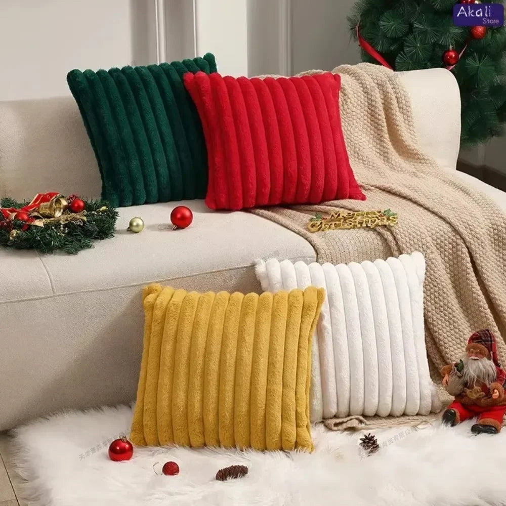 Housse de coussin en fausse fourrure de lapin, housse de coussin moelleuse et douce à rayures, oreillers décoratifs, décoration de luxe pour canapé