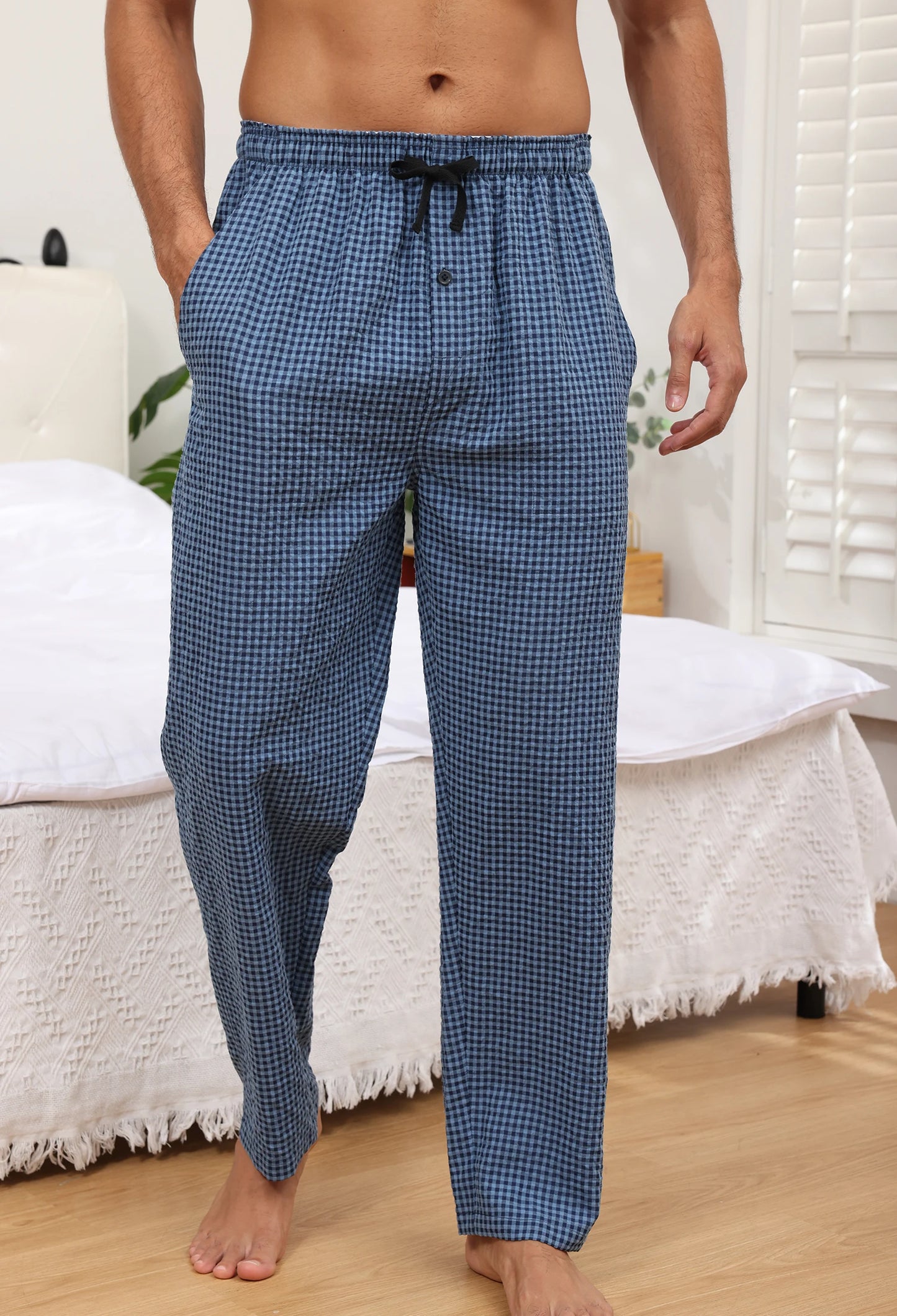 Pyjama Homme 3 Pièces Coton Carreaux, Pantalon de Pyjama Long Carreaux avec Taille Élastique pour Homme