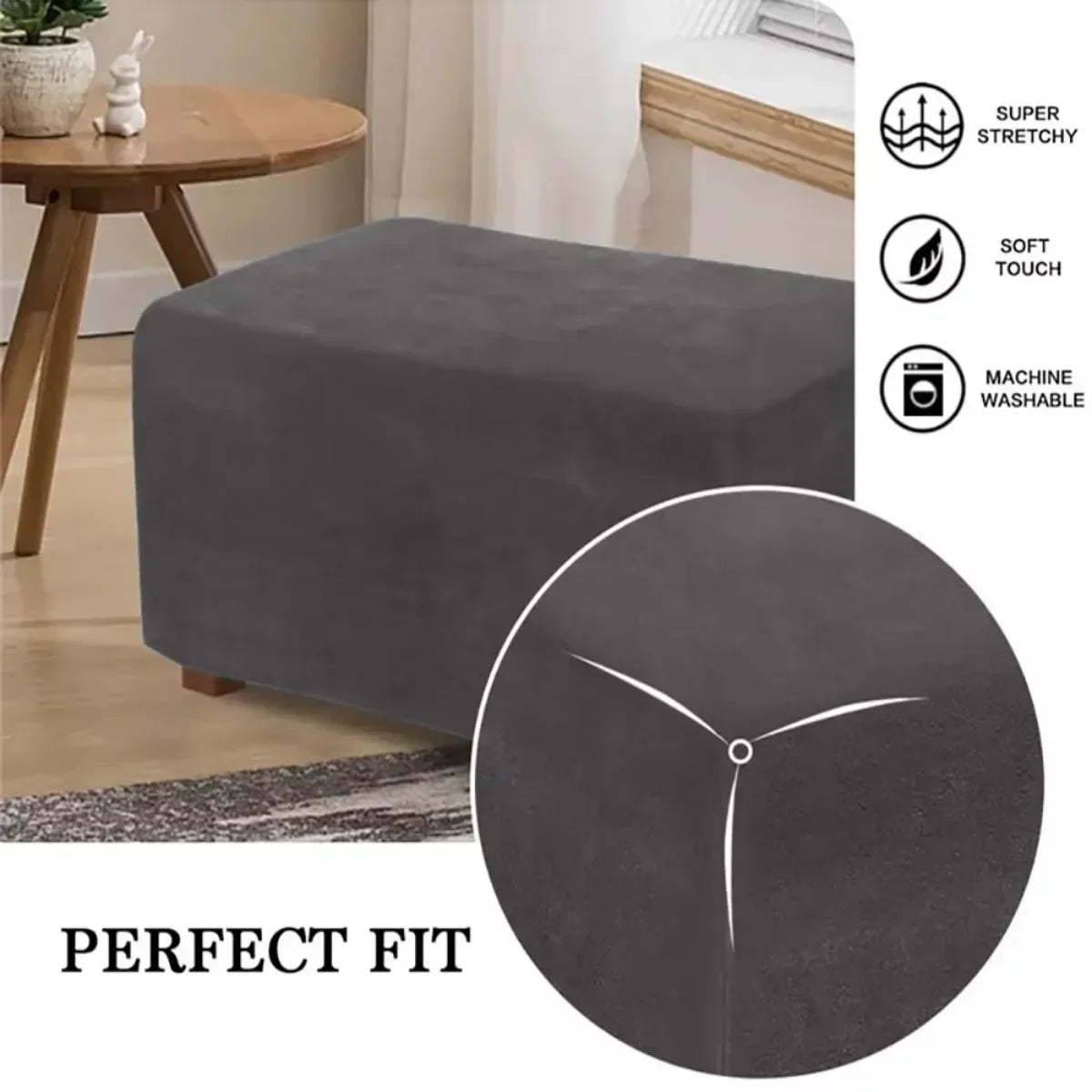 1 Housse de Tabouret Bas Rectangulaire en Velours Élastique, Épaisse et Ultra Douce, Antidérapante et Lavable, Protection de Meuble