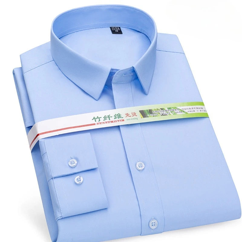 Chemise de Travail Blanche Homme en Fibre de Bambou Bleue 8XL Manches Longues Bureau Affaires Anti-rides Infroissable Décontractée