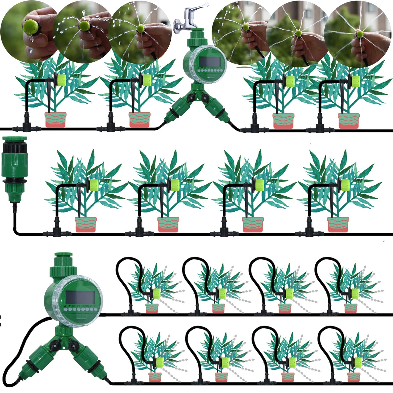 Kit d'irrigation goutte à goutte pour jardin 5-30M Tuyau 1/4'' Système d'arrosage automatique Économie d'eau portable réglable pour plantes et fleurs de serre
