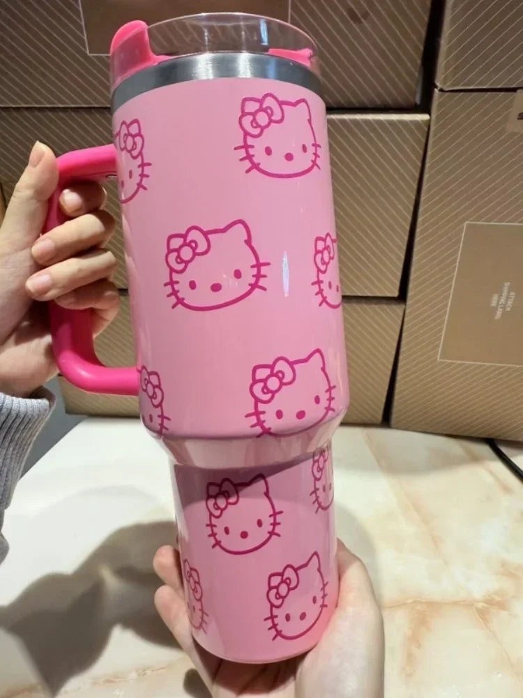 Kawaii Hello Kitty 40oz Edelstahl-Vakuumbecher Anime mit Griff Strohhalmbecher Kaffeetasse mit Verpackungskarton Schnelle Lieferung