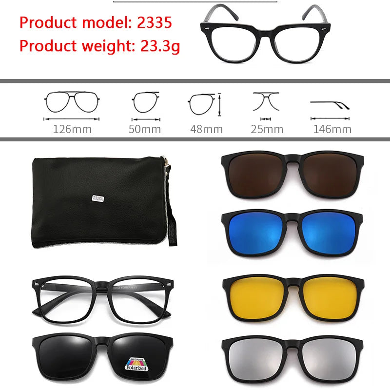 6 In 1 Polarized Sunglasses Men Women Magnetic Clip On Glasses TR90 Optical Prescription Eyeglass Frames Magnet Clips