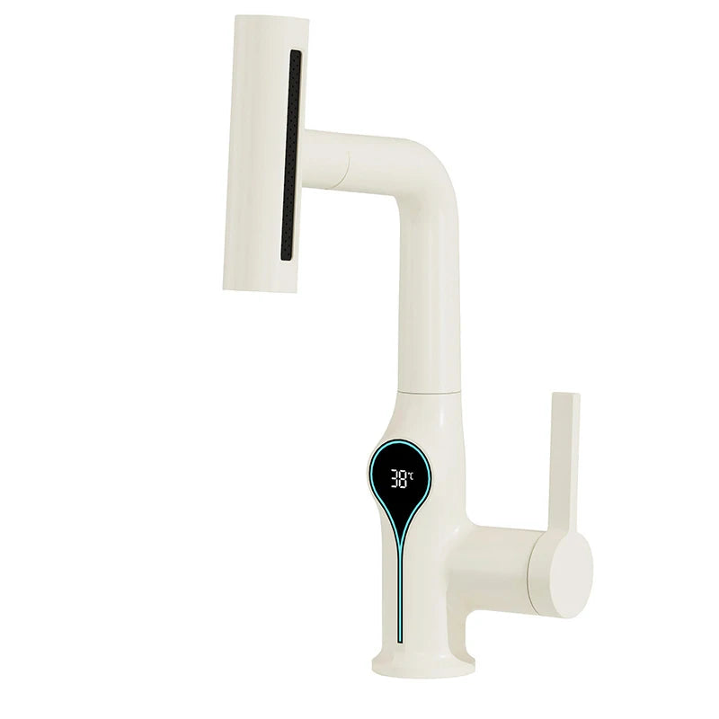 Robinet de lavabo numérique avec affichage de la température Cascade, pulvérisateur à jet relevable haut et bas, mélangeur chaud/froid pour salle de bain