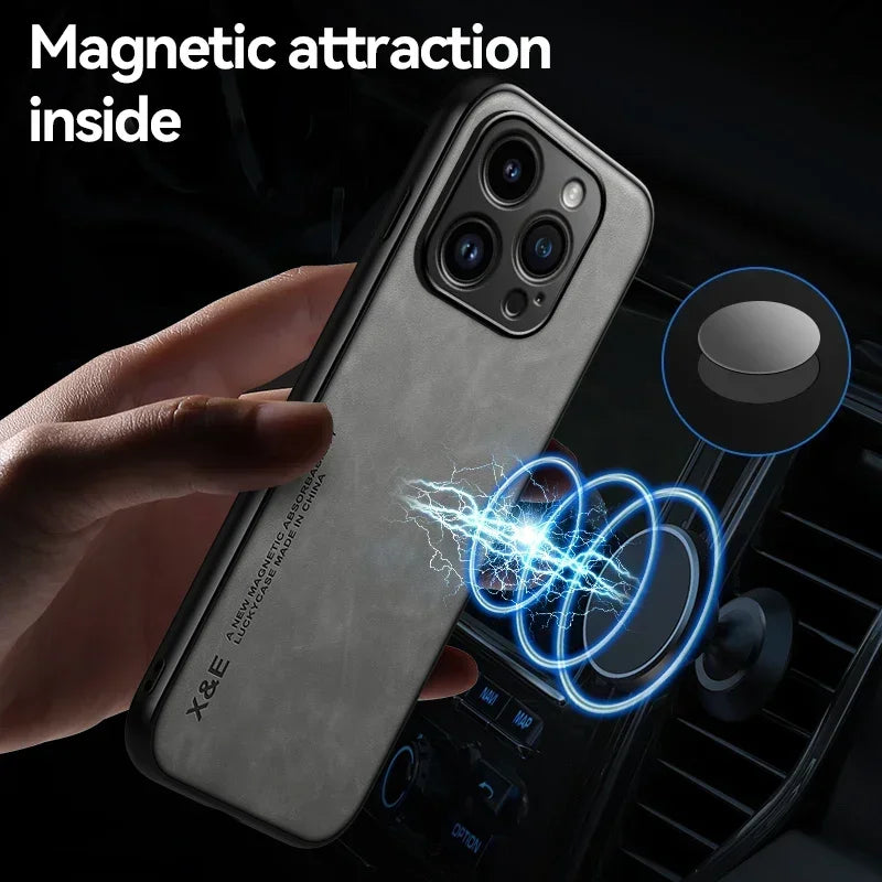 Étui en cuir de luxe pour iPhone 17 16 16e 15 14 13 12 11 Pro Max Plus 12 13 Mini SE 8 7 Housse avec plaque métallique support voiture