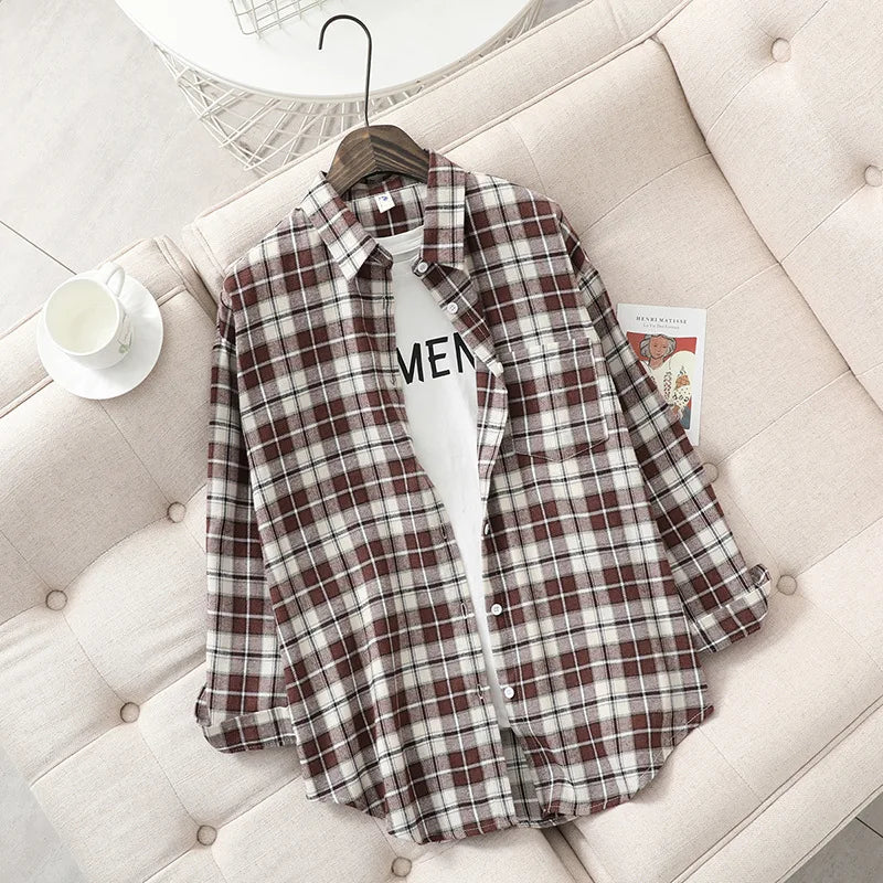 2024 Automne Nouvelle Chemise à Carreaux Ample pour Femme Marque Excellente Qualité Blouses et Hauts Design Décontracté Frais Chemises à Manches Longues pour Femme