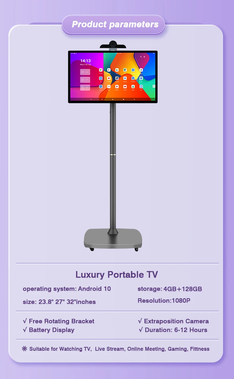 Téléviseur intelligent portable 27" – Moniteur publicitaire Android 10 rotatif avec batterie (support mobile, écran tactile Full HD)