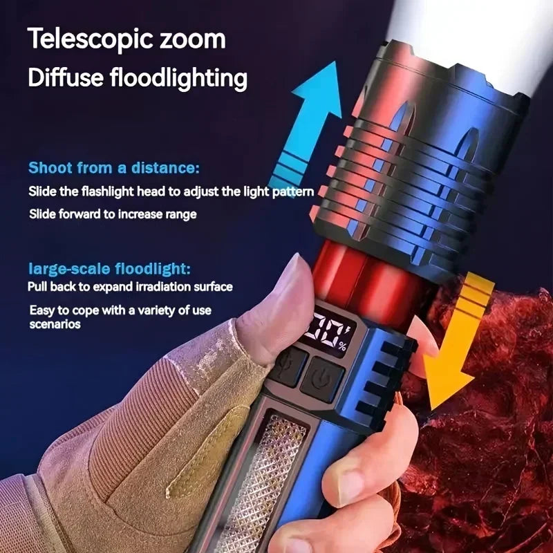 Powerful LED Flashlight Type C Rechargeable Waterproof Torch with Side Light 5 Modes Zoomable Lamp for Camping Fishing Lantern