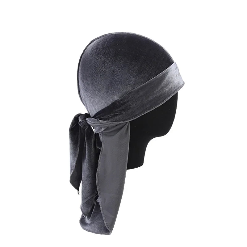 Neue Unisex Samt Durags Bandana Turban Hut Männer Frauen Atmungsaktive Lange Schwanz Piratenhüte Mütze Hip Hop Stirnband