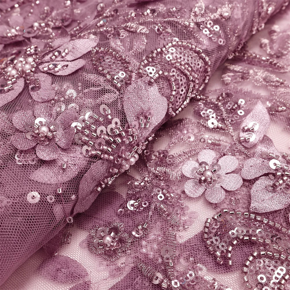Tissu Français à Paillettes et Perles Rose en Polyester pour la Couture Robes de Mariée en Dentelle Matériau de Patchwork Tissu Tulle 4,5 Mètres