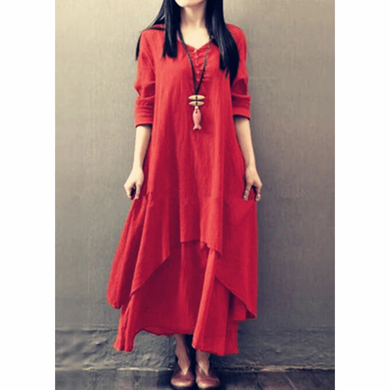 Damen Elegante Leinen-Ingwerkleider Böhmen Layering Vintage Robe Langarm Lockeres langes Kleid Weibliche Herbst Vestidos