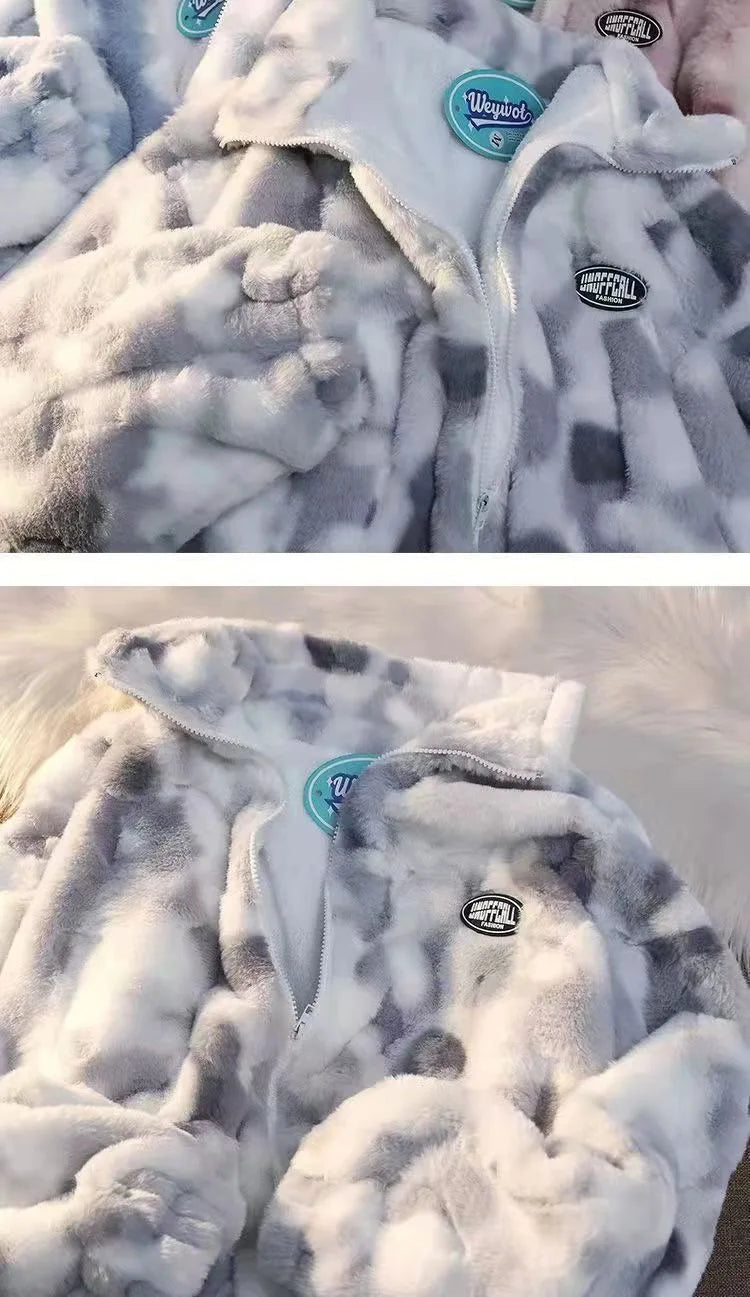 Neue Damen Batik Lammfelljacke Herbst Winter Reißverschluss Oberbekleidung Warme Plüschjacken Harajuku Lässige Lose Weibliche Dicke Jacke