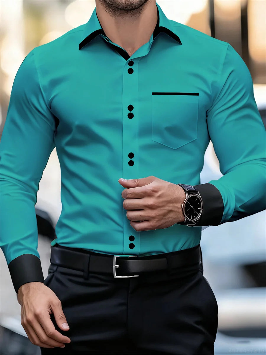 Chemise à manches longues et col color block pour hommes, coupe slim, infroissable, chemise patchwork noire et blanche, haut de mode pour hommes