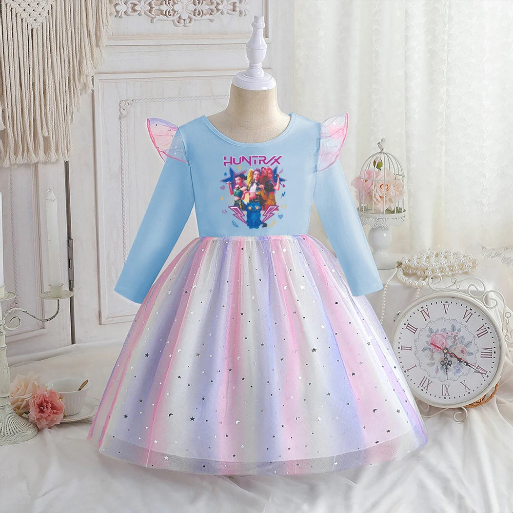 Kpop Demon Hunters Vêtements Enfants Robe de Princesse Manches Longues Printemps Robe Bébé Filles pour Fête d'Anniversaire Arc-en-ciel 2-8 Ans