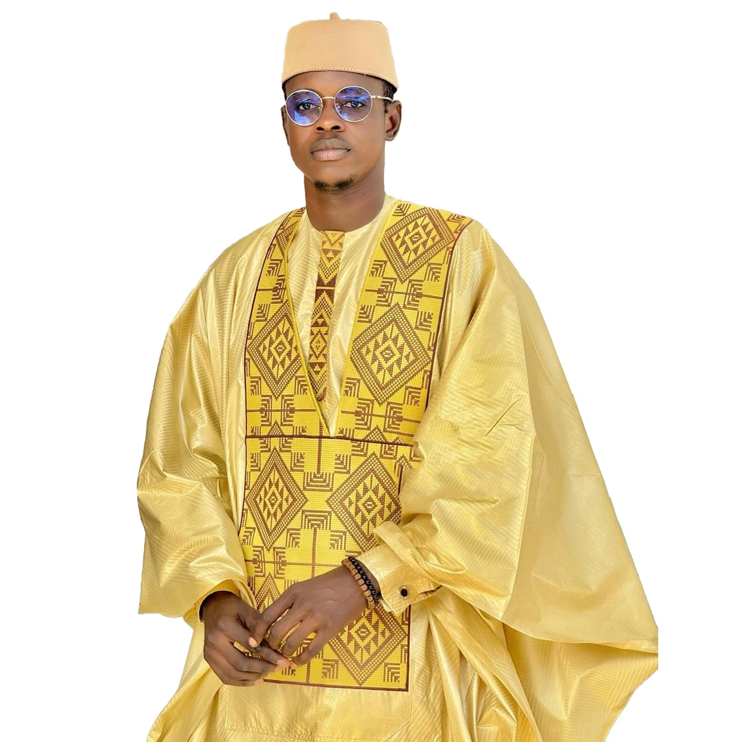 Vêtements Africains Homme Traditionnel Bazin Riche Broderie Haut Manches Longues Ensemble 3 Pièces