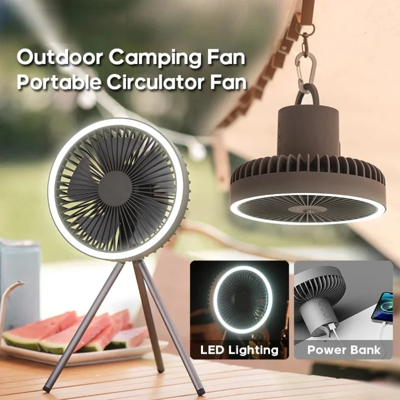 10000mAh 4000mAh Camping-Ventilator Wiederaufladbarer Tischventilator Tragbarer Zirkulator Kabelloser Deckenventilator mit Powerbank LED-Beleuchtung