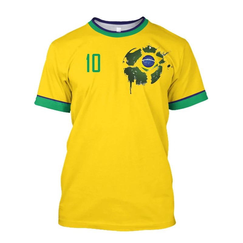 T-shirts de football Brésil Simples Mode d'été Manches courtes T-shirts imprimés drapeau brésilien 3D Hauts de sport décontractés Vêtements pour hommes