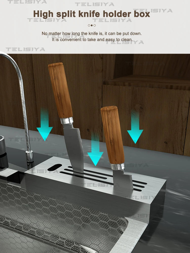 Stainless Steel Kitchen Sink Multifunctional Digital Display Waterfall Large Single Slot With Rack For Knife Wash Dish Basin