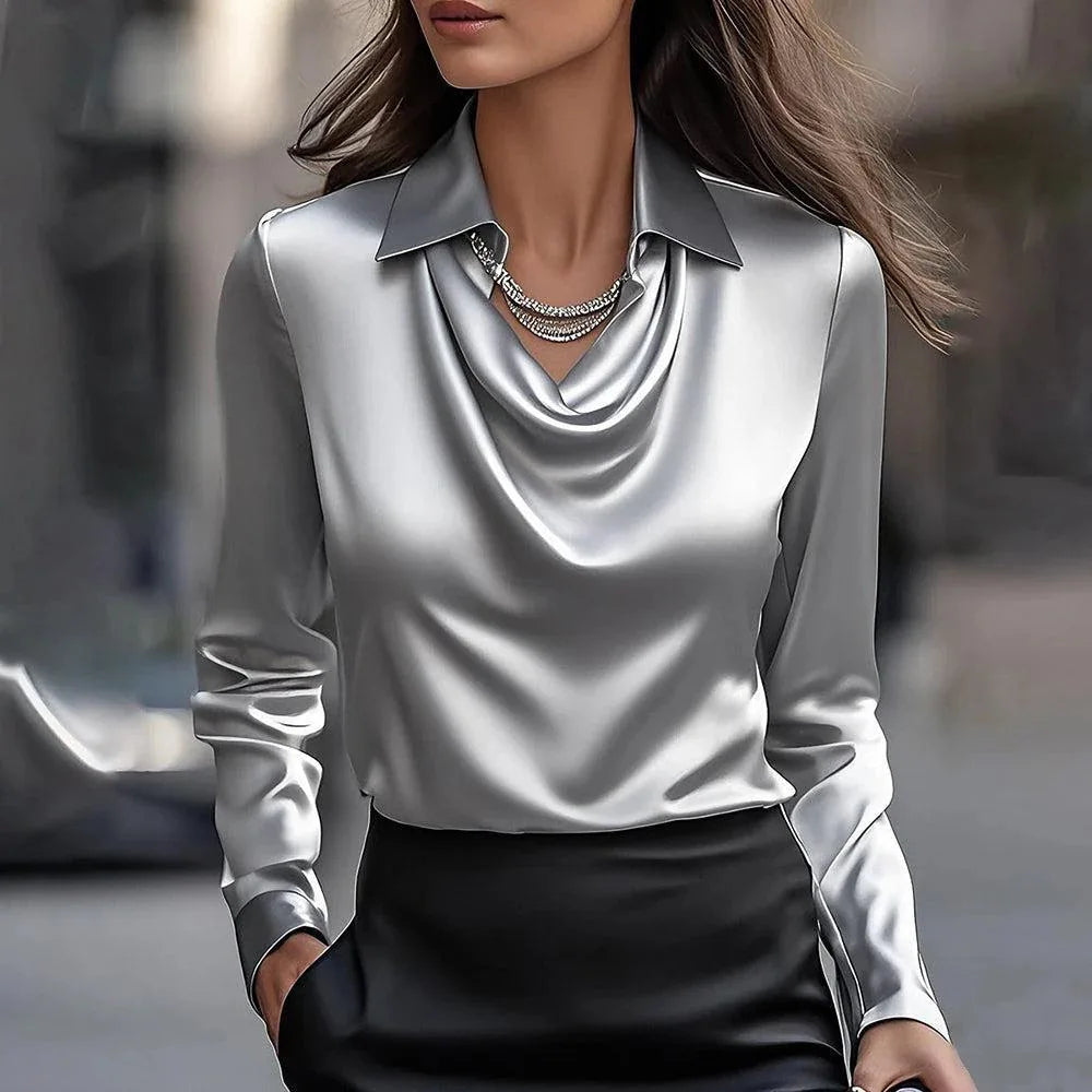 Temperament elegant print simple swing collar shirt collar women's top