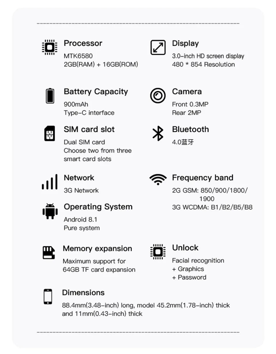 SOYES A17 Mini Android8.1 Smartphone 3.0 Zoll 2GB RAM 16GB ROM Dual SIM Standby Play Store 3G kleines Telefon