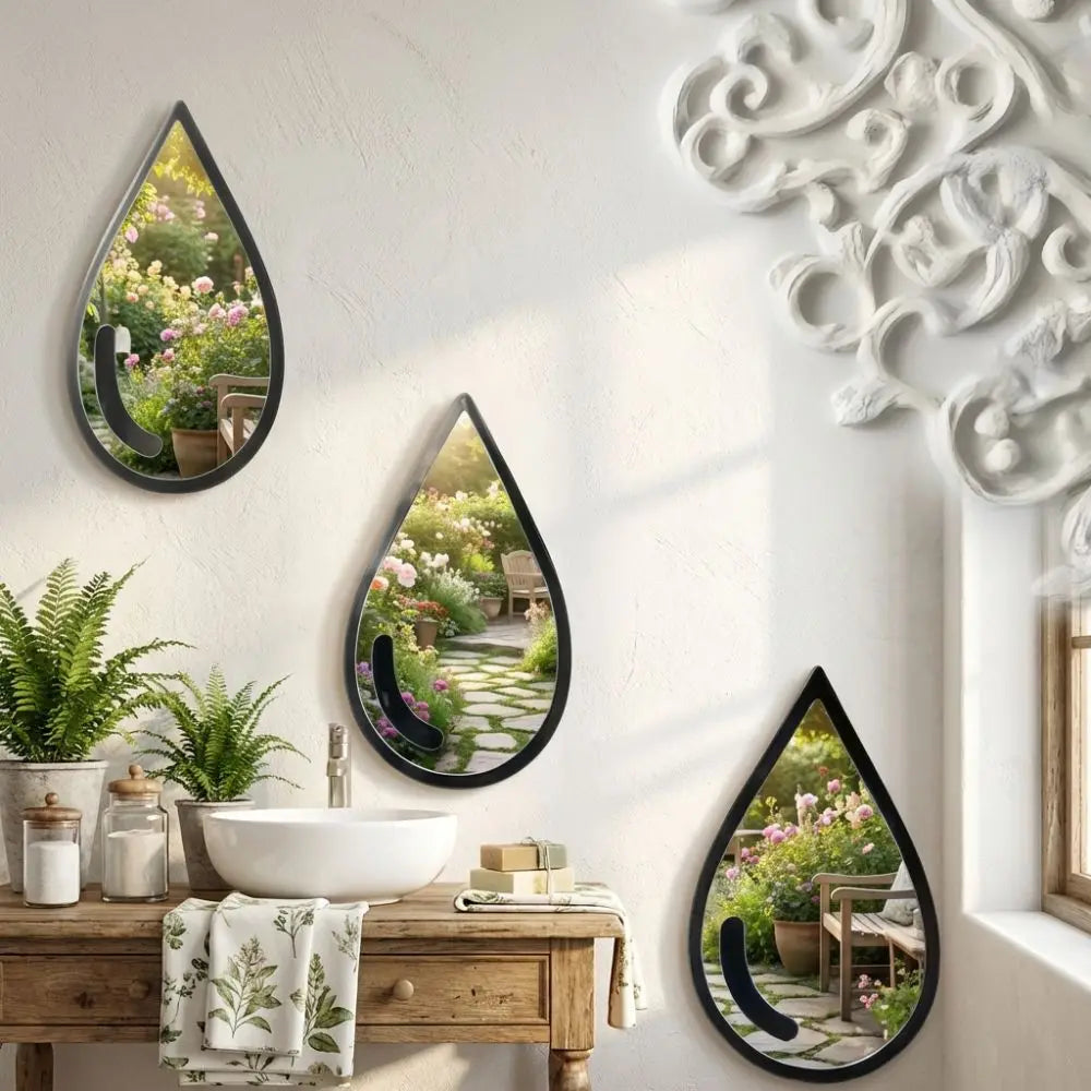 3 Pcs Autocollants Muraux Miroir Acrylique Autocollants Muraux Imperméables en Forme de Goutte d'Eau Miroir Cadre Noir Minimaliste
