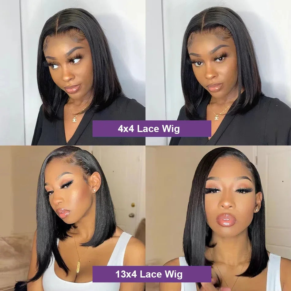 Perruques de cheveux humains brésiliens 13x4 Lace Front Bob court et lisse 4x4, densité 200%, 12 14 16 pouces