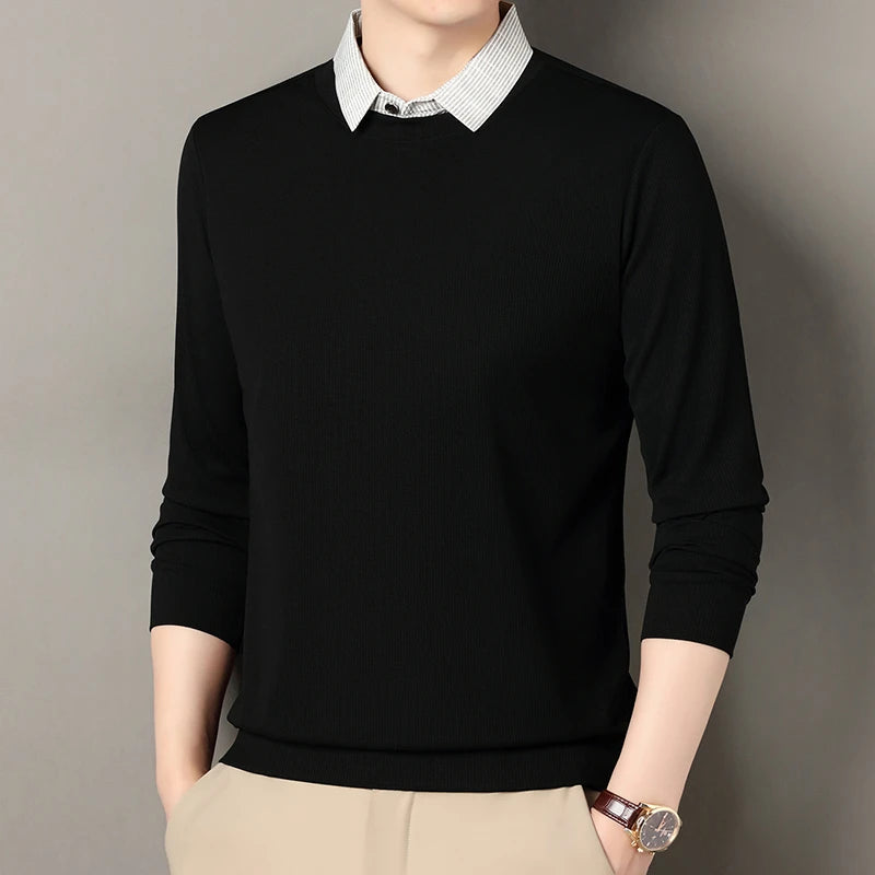 Nouveau polo faux deux pièces pour homme 2025, décontracté, à la mode, à manches longues, col t-shirt, haut polyvalent