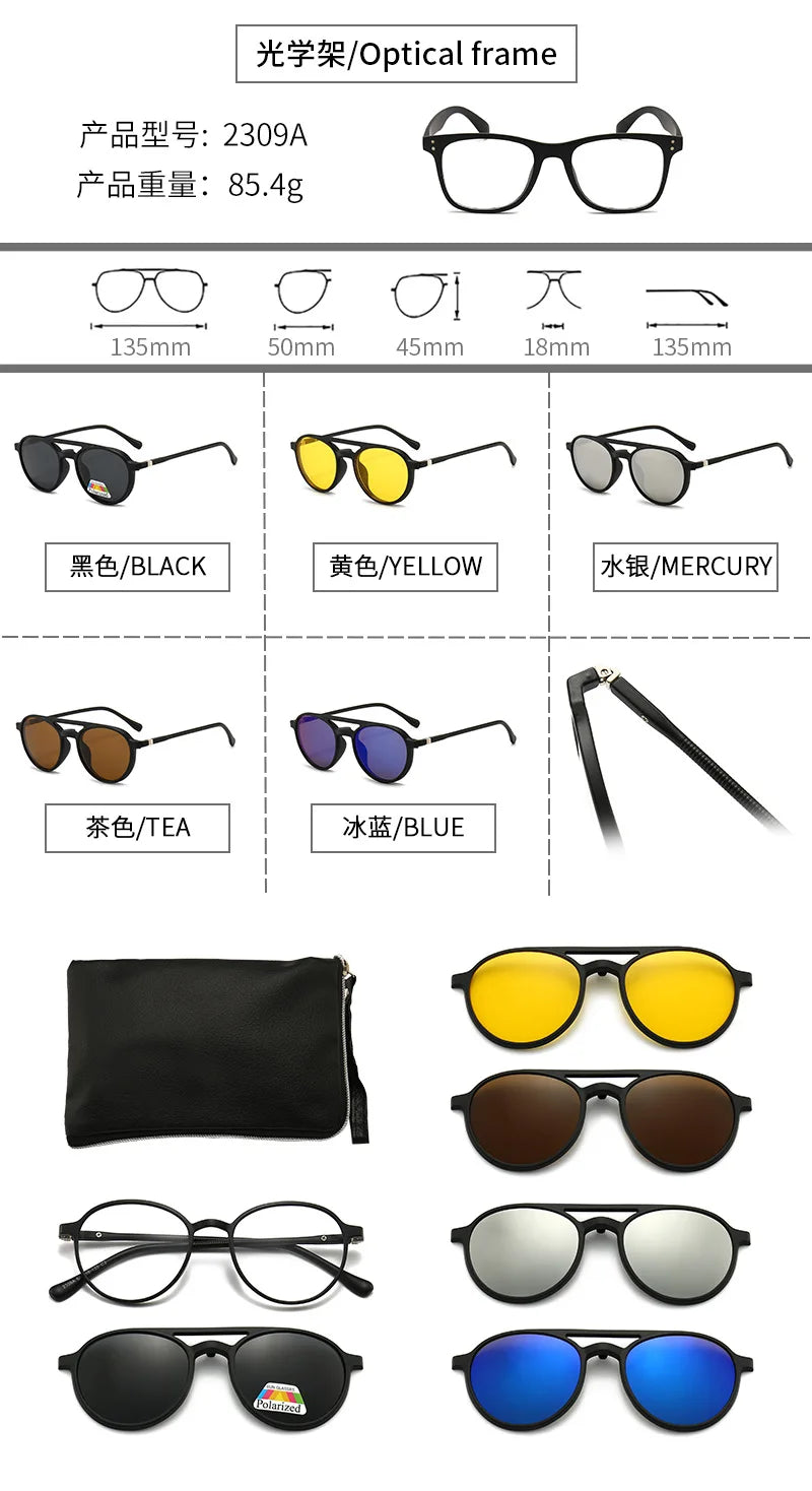 6 In 1 Polarized Sunglasses Men Women Magnetic Clip On Glasses TR90 Optical Prescription Eyeglass Frames Magnet Clips