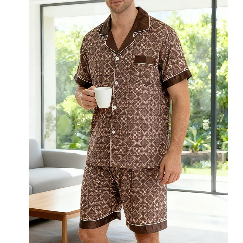 Herren-Pyjama-Set mit Karodruck, Kurzarm-Revers-Oberteil und elastische Shorts, bequem, perfekt für Sommer-Schlafanzüge und Loungewear