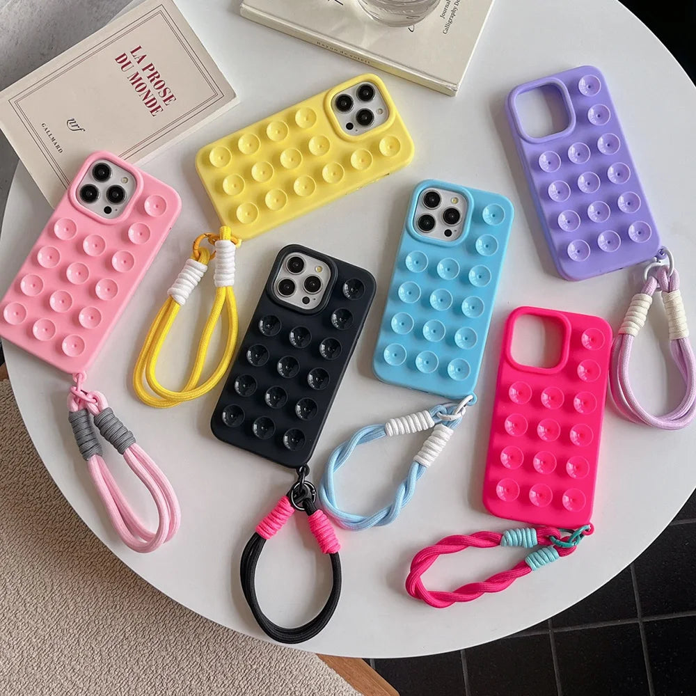 Suction Cup Phone Case For iPhone 16 Pro Max Case iPhone 17 13 11 12 14 15 Pro Max 14 Plus Wrist Strap Bracelet Lanyard Cover