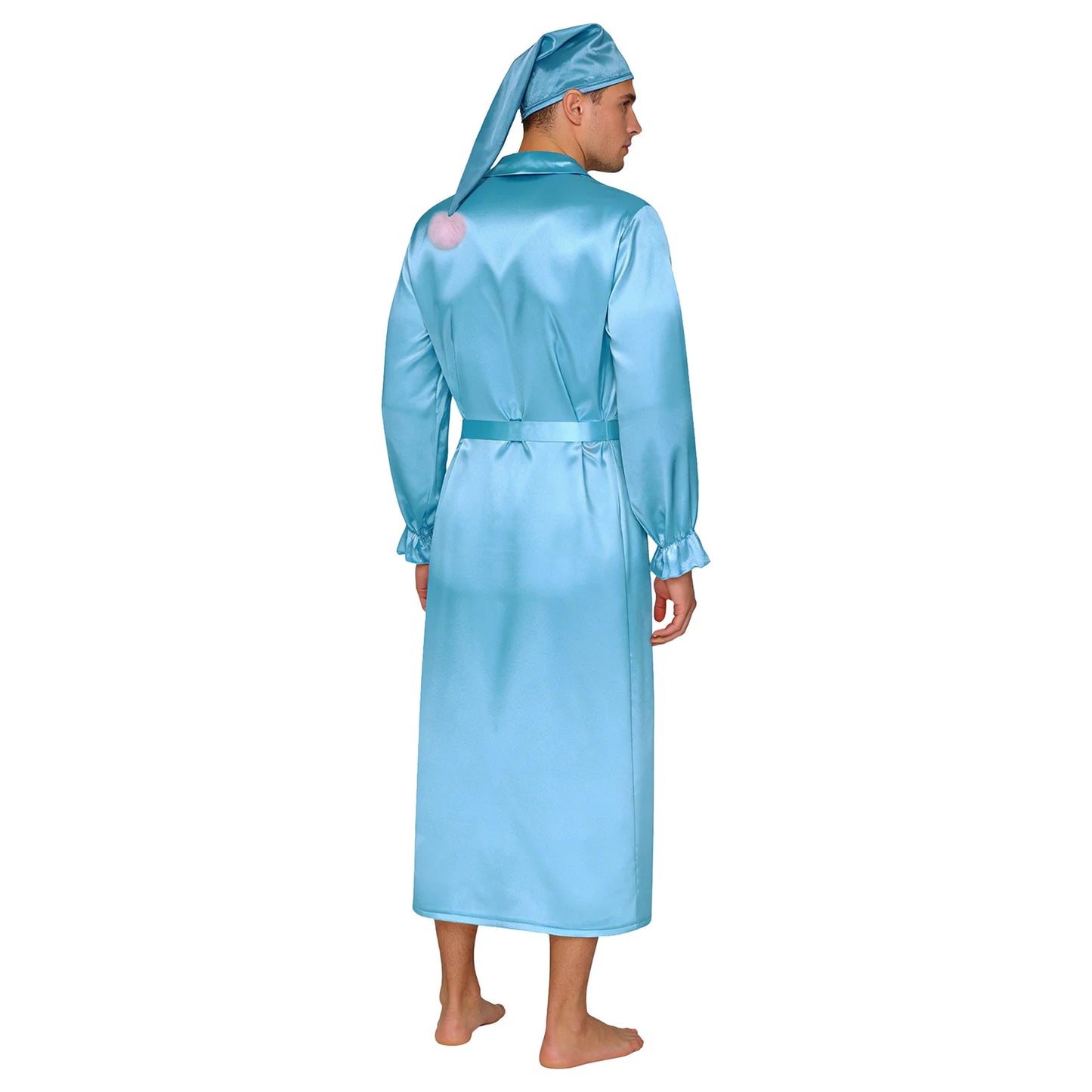 Herren Sissy Pyjama Satin-Nachtwäsche Nachthemd mit Schlafhaube Langarm Rüschenmanschetten Plissierter Brustumhang mit Gürtel Vintage