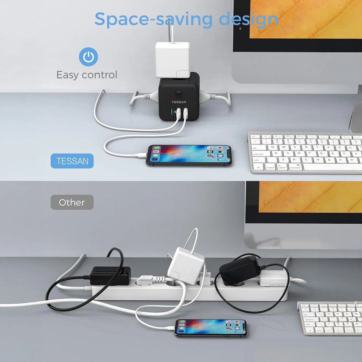 TESSAN Cube Table Power Strip Extender with 3 Outlets 3 USB Ports 1.5M Extension Cord EU KR Plug Tee Socket Adapter with Switch