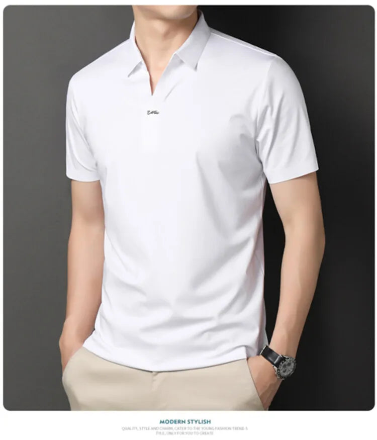Polo 2024 de haute qualité, extensible et élastique, Chemise à manches courtes pour hommes, style décontracté, Col en V sans coutures, Polo pour hommes M-4XL