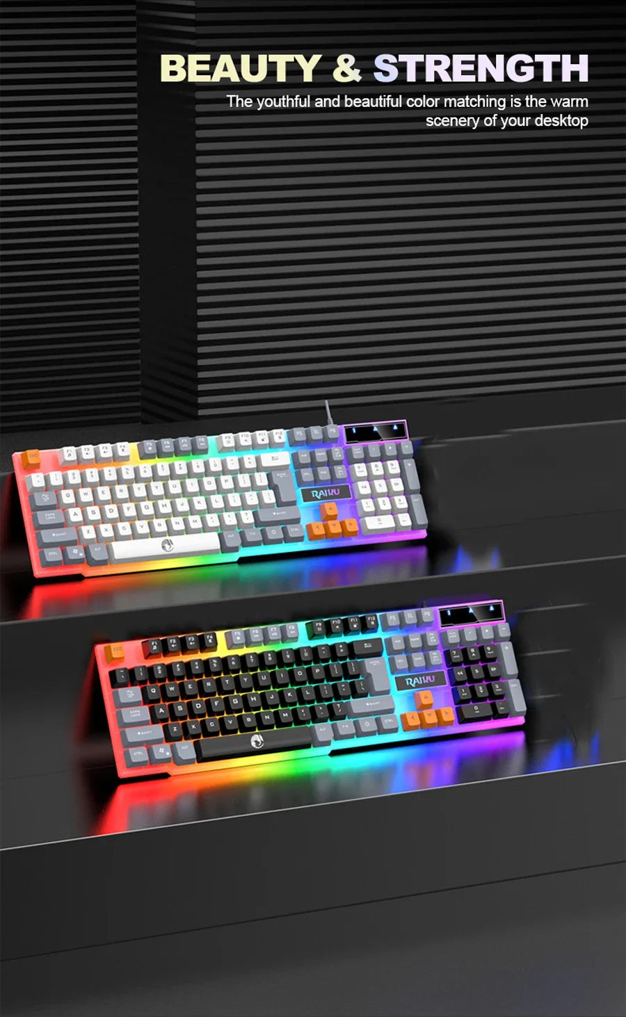 Clavier unique et souris de clavier RAIKU T26 Souris de clavier lumineuse trois tons Clavier de jeu tactile mécanique filaire