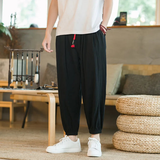 Men's Cotton and Linen Harem Pants Casual Loose Oversize Beach Pants Chinese Style Wide Leg Trousers Joggers Men Summer