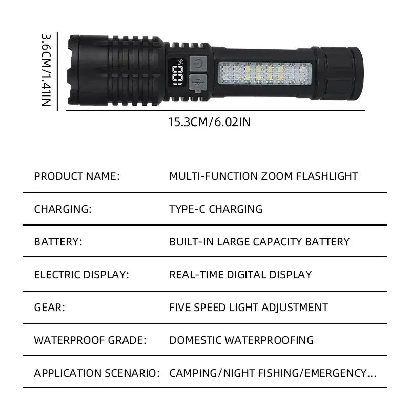 Super Bright COB LED Flashlight TYPE-C Rechargeable Zoomable With Side Light Waterproof Torch Camping Hiking Emergency Outdoor