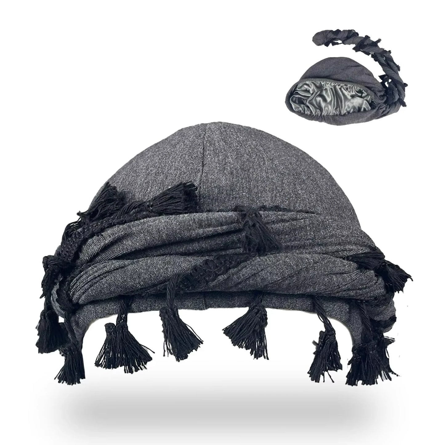 Foulards à enrouler style "Twist" (turban) Durag avec pompon pour hommes - Noir, gris - Foulard turban à nouer - Accessoire cheveux pour garçons, collection 2026