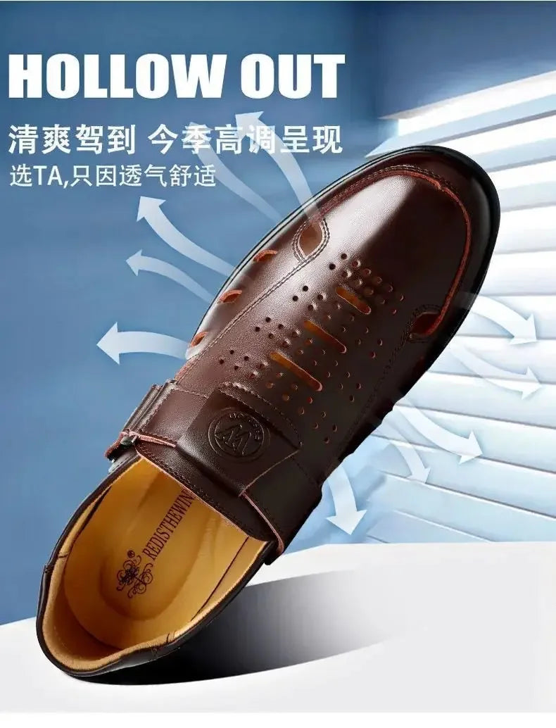 Sandales Homme en Cuir Véritable Chaussures Décontractées Respirantes d'Été pour Homme Sabots à Enfiler Extérieur Antidérapantes Faites à la Main Sandales