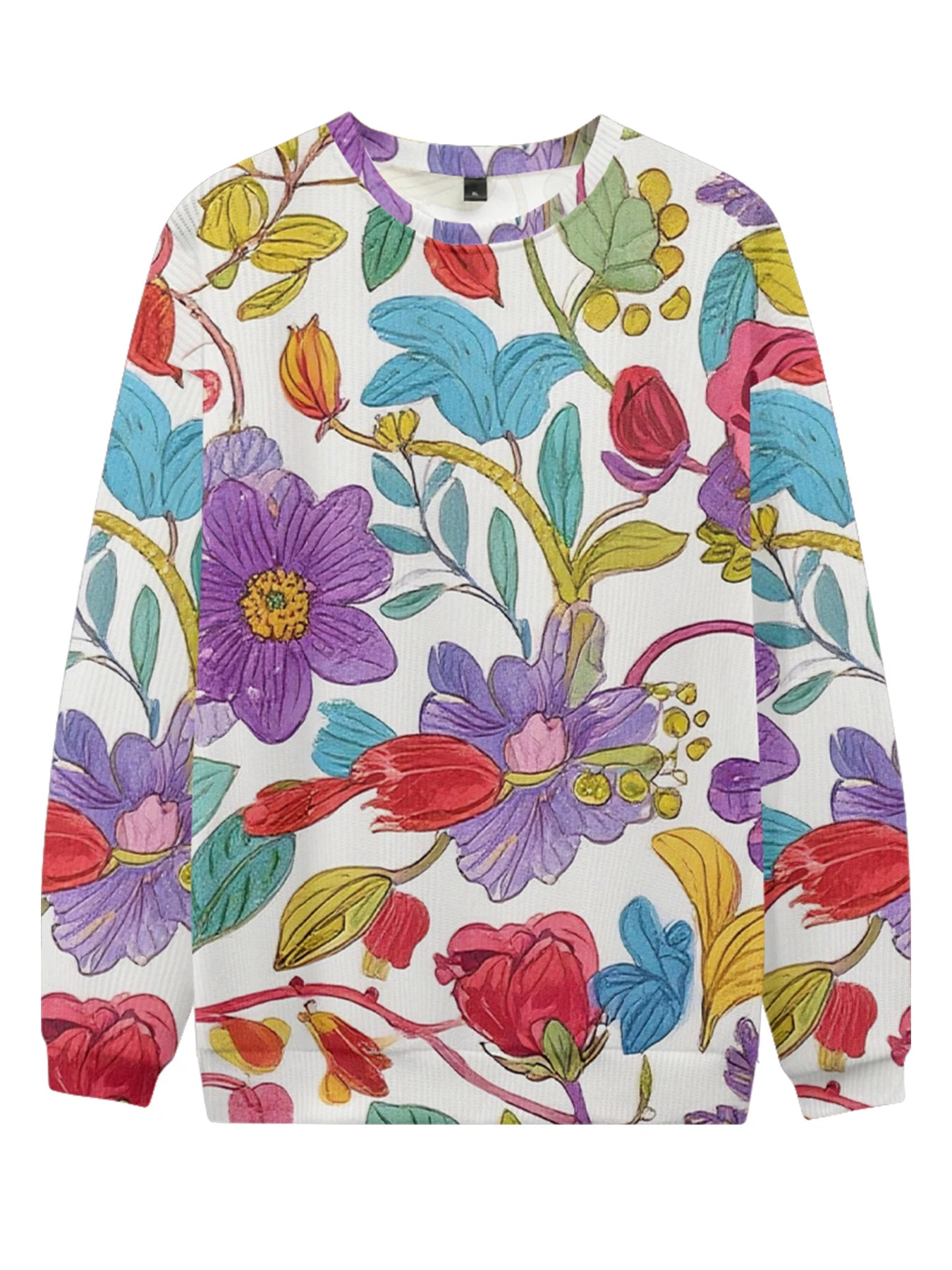 Lebhaftes weißes Rundhals-Sweatshirt mit Blumendruck, vollflächigem botanischen Design mit bunten Blüten und Blättern, lässige Frühlingsmode für Paare