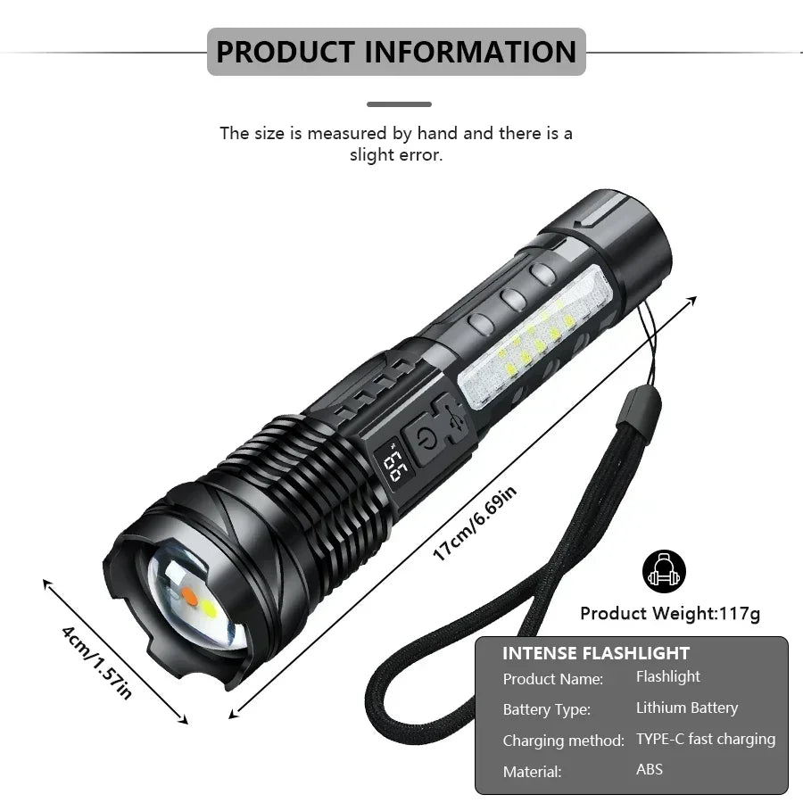 Super Big Flashlight USB Rechargeable Most Strong LED Flash Light Long Range Torch Zoom Outdoor With Digital Power Display