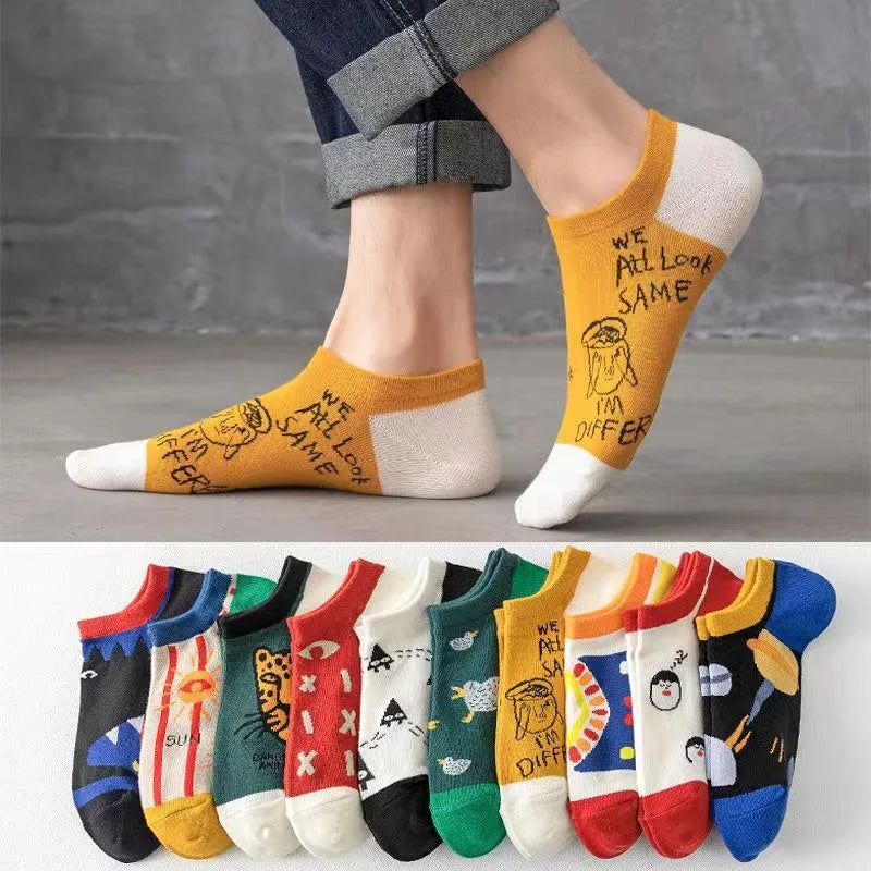 10 Pairs Fashion Mesh Summer Cute Cartoon Eyes Embroidered Sweat Absorbent Breathable Men Low Cut Ankle Knitted Boat Socks