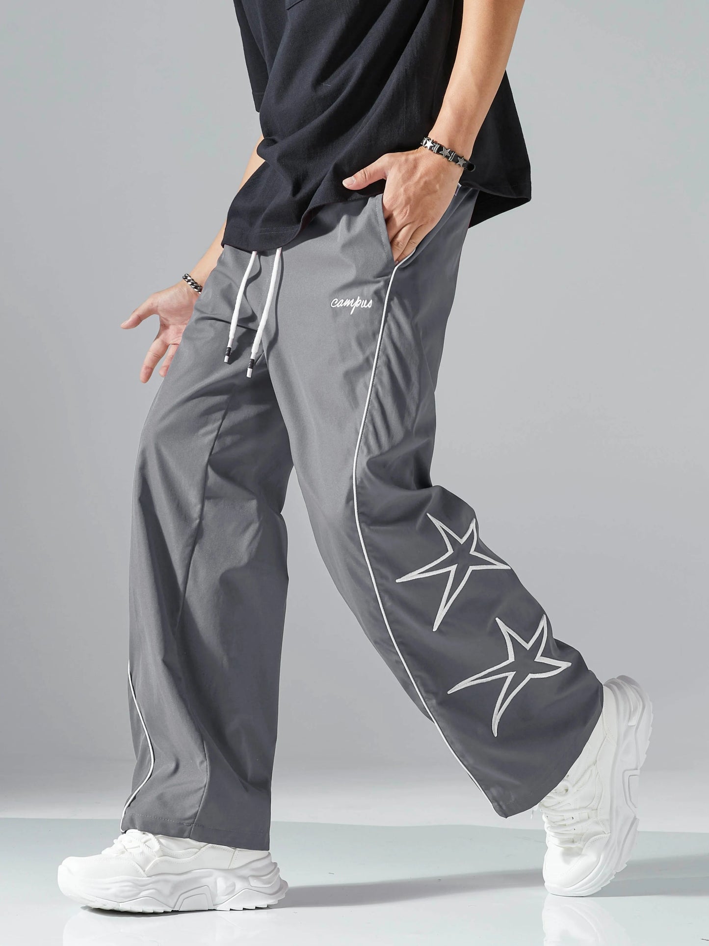 Larbulse Herren-Hosen mit Kontrastbesatz, modische Freizeithosen, einfarbig, atmungsaktiv, locker, gerades Bein, Kordelzug, Streetwear