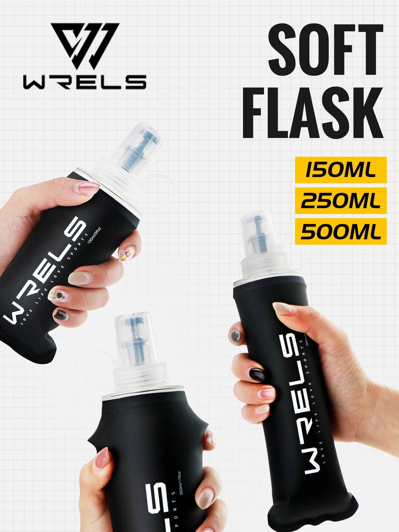 WRELS Trinkflasche TPU Faltbare Soft Flask Outdoor Sport Wasserbeutel Faltbare Trinkflasche 500ml für Laufen Camping BPA-frei