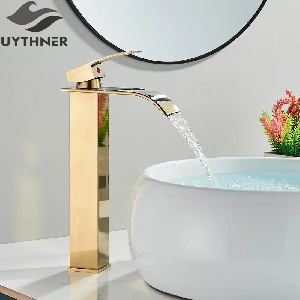 Robinet de Lavabo Doré Brossé, Élégant Robinet Cascade pour Salle de Bain, Mitigeur Monocommande en Laiton à Fixation sur Plan