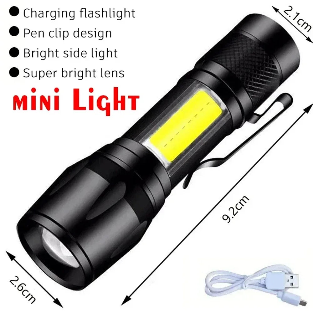 Powerful LED Flashlight Type C Rechargeable Waterproof Torch with Side Light 5 Modes Zoomable Lamp for Camping Fishing Lantern